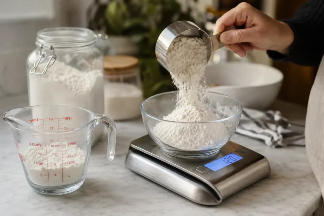 Editorial home-kitchen photo illustrating 1 Cup of Flour Equals How Many Grams? (tips tricks tip), realistic tools and ingredients in natural light