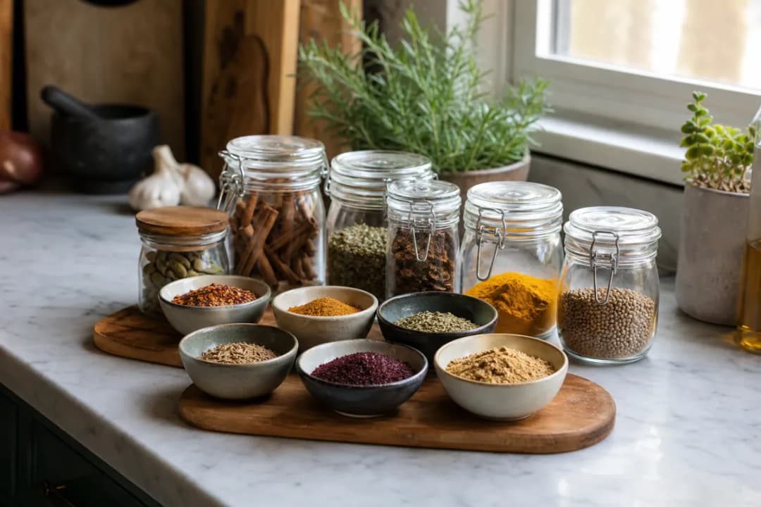 Editorial photo: 10 Essential Spices for Middle Eastern & Mediterranean Cooking (tips tricks tip) — realistic home-kitchen scene with visible tools and ingredie