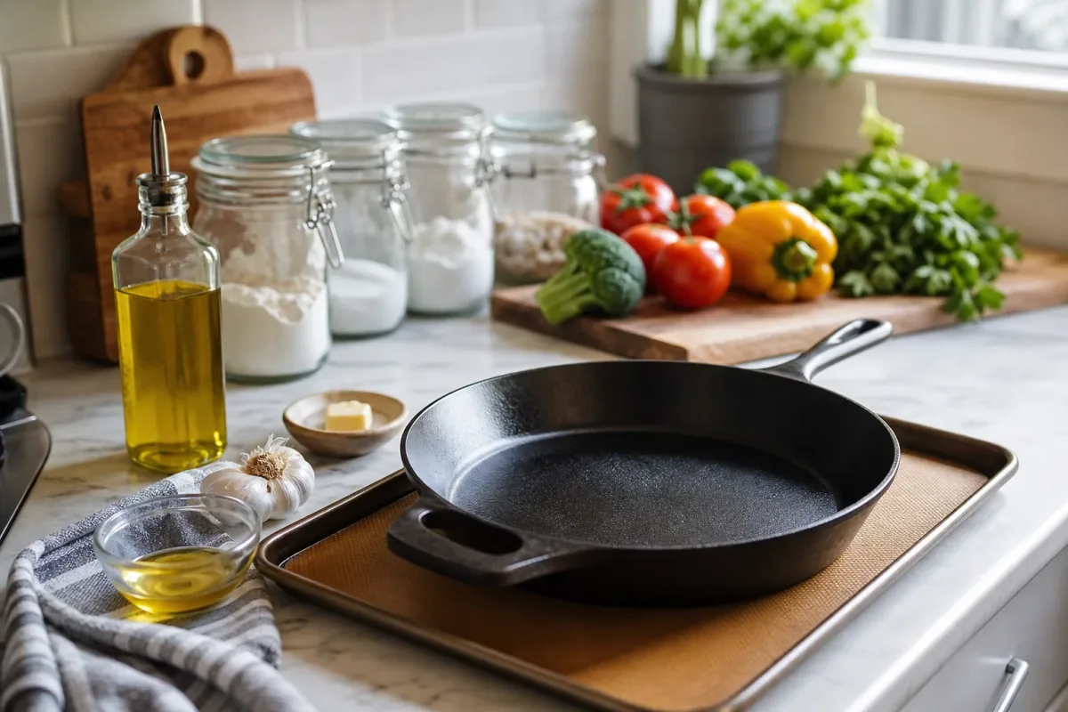 Editorial photo: Cast Iron Pan Seasoning Hacks for Non-Stick Surface (tips tricks tip) — realistic home-kitchen scene with visible tools and ingredients in natu