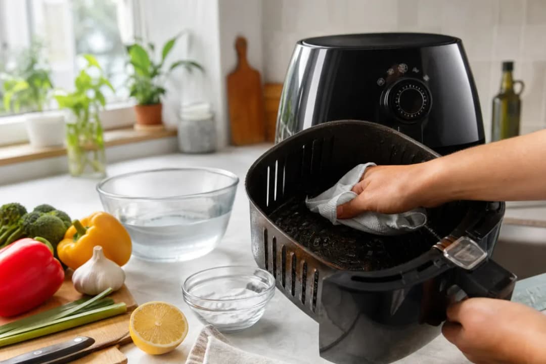 Editorial photo: How to Deep Clean Your Air Fryer in 10 Minutes (quick fixes tip) — realistic home-kitchen scene with visible tools and ingredients in natural l