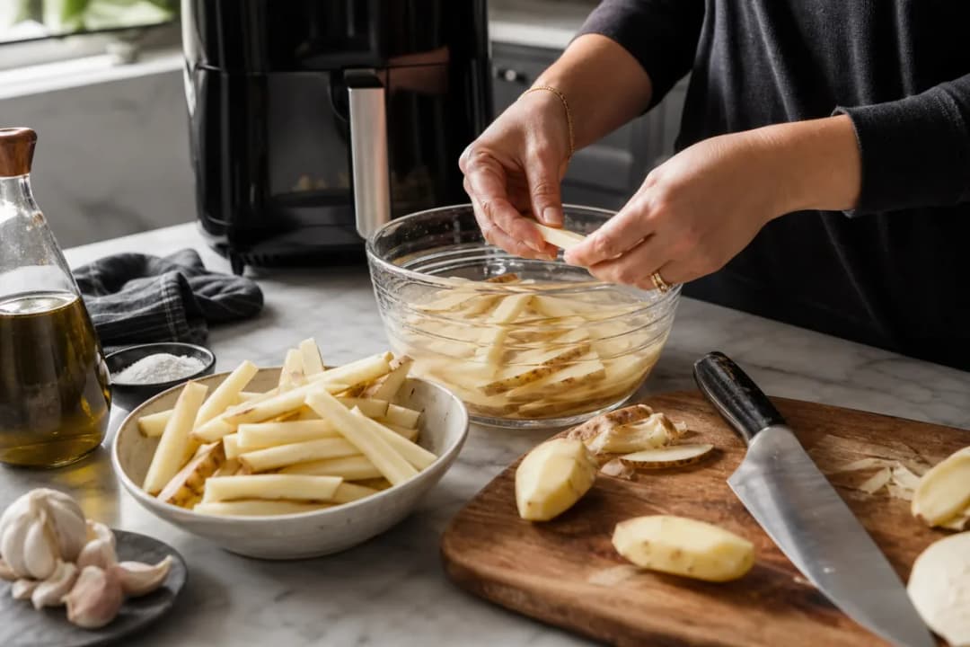 Editorial photo: Extra Crispy Air Fryer French Fries Secrets (smart kitchen tip) — realistic home-kitchen scene with visible tools and ingredients in natural li