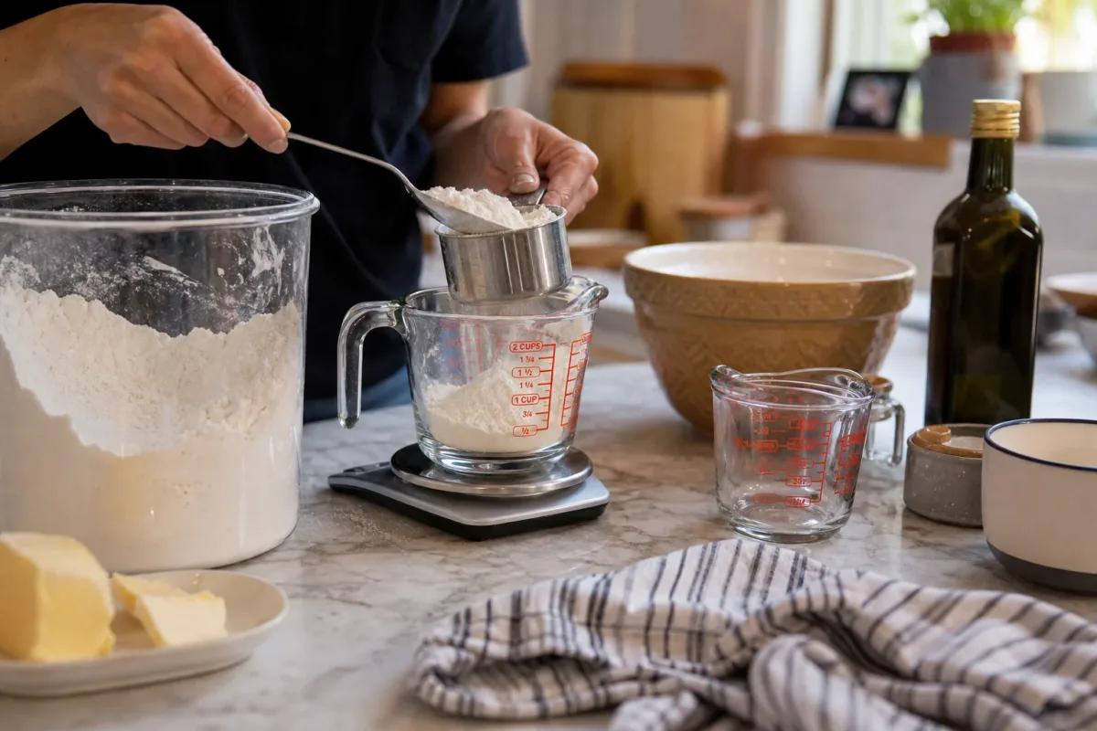 Editorial home-kitchen photo illustrating Gram-to-Cup Converter for Baking Ingredients (tips tricks tip), realistic tools and ingredients in natural light