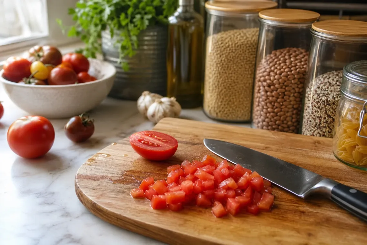 Editorial home-kitchen photo illustrating How to Dice Tomatoes Without Squishing Them (tips tricks tip), realistic tools and ingredients in natural light