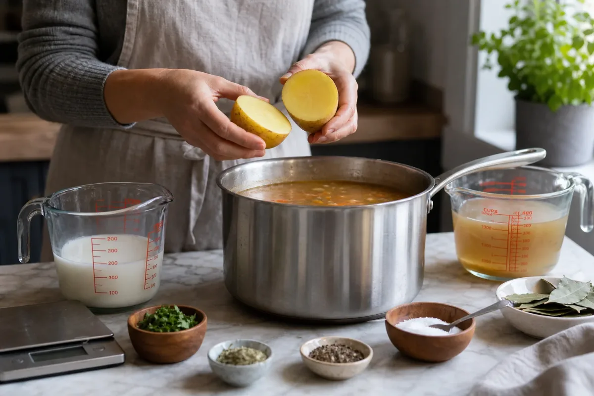 Editorial home-kitchen photo illustrating How to Fix Too Much Salt in Soup or Sauce (tips tricks tip), realistic tools and ingredients in natural light