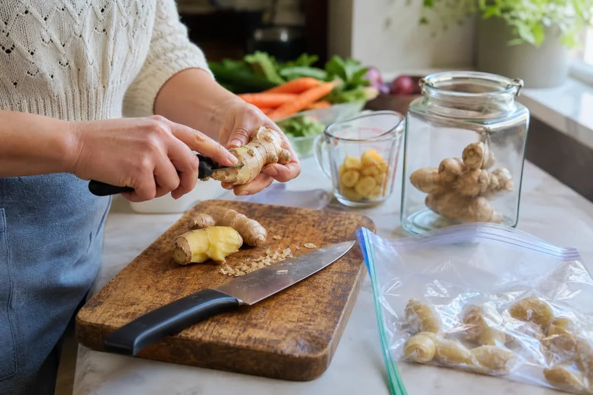 Editorial home-kitchen photo illustrating How to Freeze Fresh Ginger Roots for Easy Grating (tips tricks tip), realistic tools and ingredients in natural light