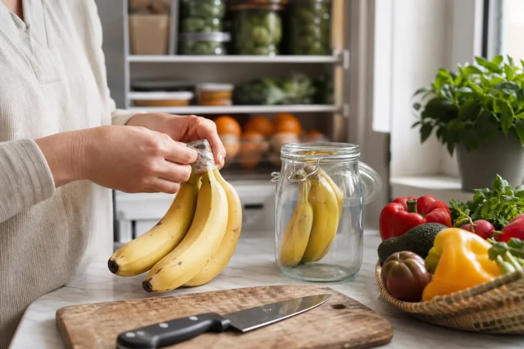Editorial home-kitchen photo illustrating How to Keep Bananas from Turning Brown (tips tricks tip), realistic tools and ingredients in natural light