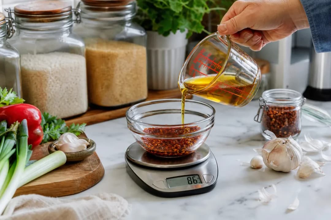 Editorial photo: How to Make Homemade Chili Oil in 5 Minutes (pro techniques tip) — realistic home-kitchen scene with visible tools and ingredients in natural l