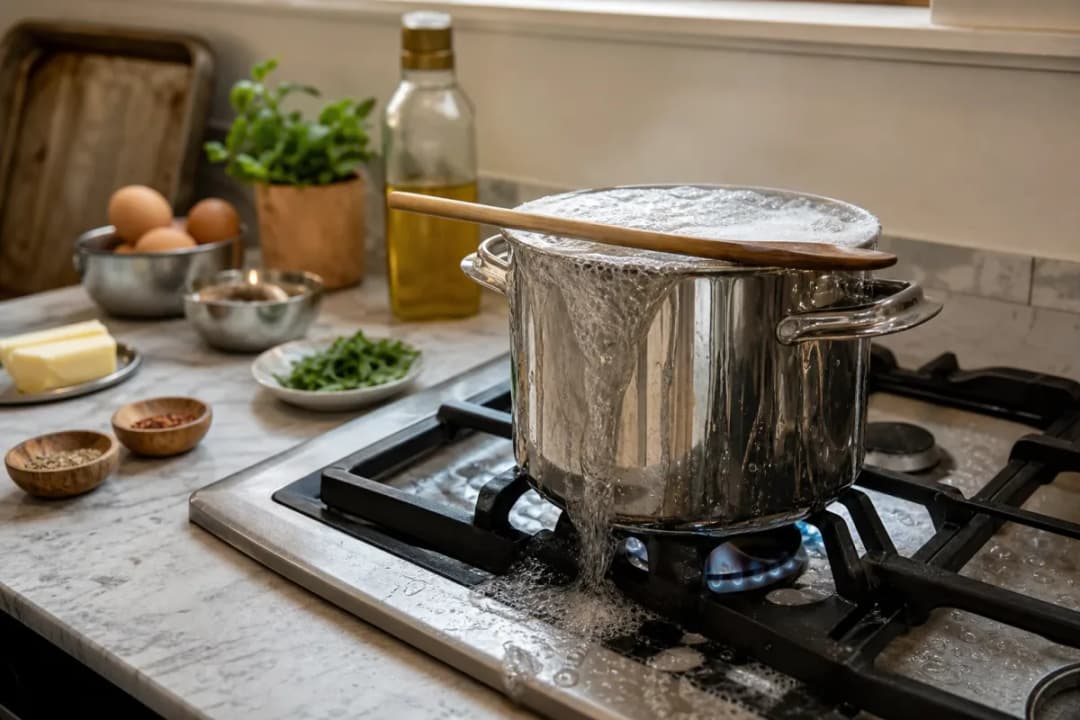 Editorial photo: How to Stop Water from Boiling Over – 7 Easy Tricks (quick fixes tip) — realistic home-kitchen scene with visible tools and ingredients in natu
