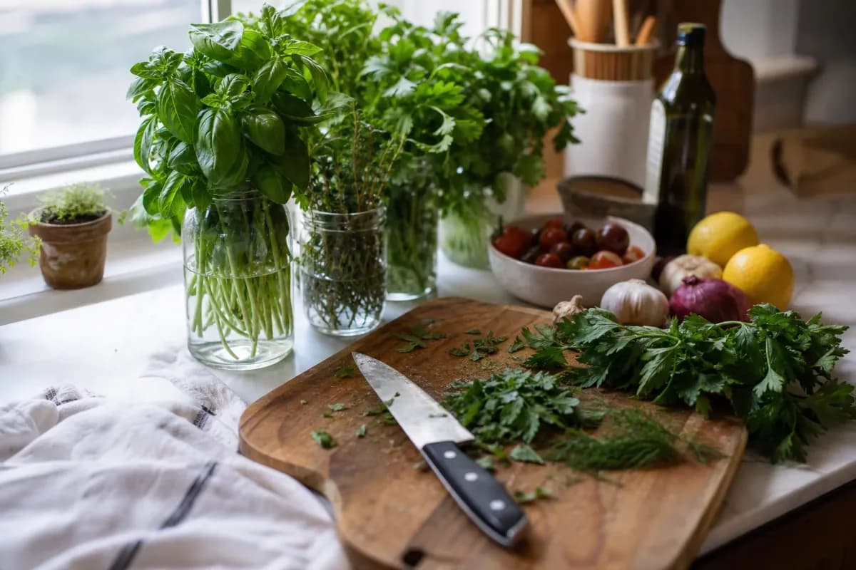 Editorial home-kitchen photo illustrating How to Store Fresh Herbs So They Last Longer (tips tricks tip), realistic tools and ingredients in natural light