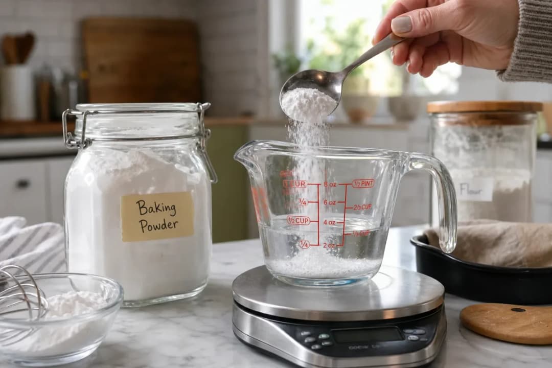 Editorial home-kitchen photo illustrating How to Tell If Baking Powder Is Still Active (tips tricks tip), realistic tools and ingredients in natural light