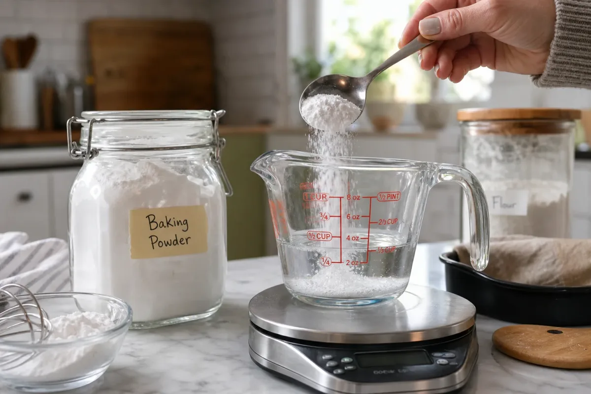 Editorial home-kitchen photo illustrating How to Tell If Baking Powder Is Still Active (tips tricks tip), realistic tools and ingredients in natural light