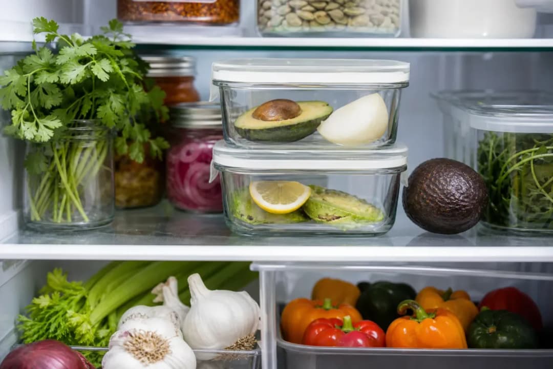 Halved avocados with lemon and plastic wrap on a cutting board to slow browning