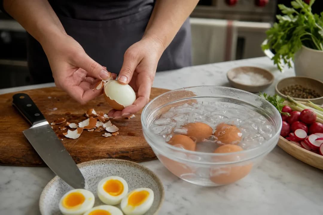 Editorial photo: How to Peel Soft-Boiled Eggs Easily with Ice Bath (tips tricks tip) — realistic home-kitchen scene with visible tools and ingredients in natura
