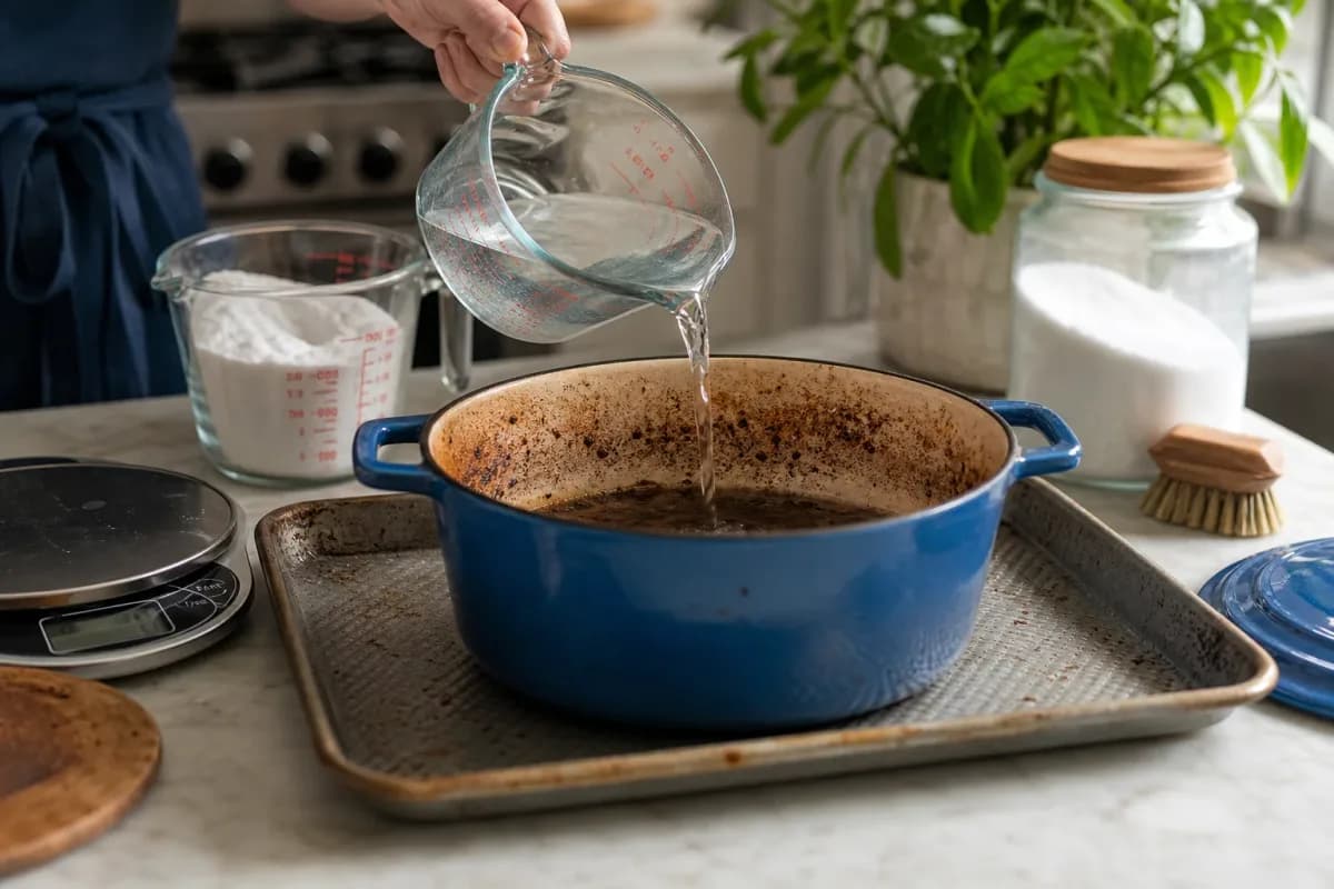 Measuring cup and kitchen scale with ingredient portion for accurate cooking conversion