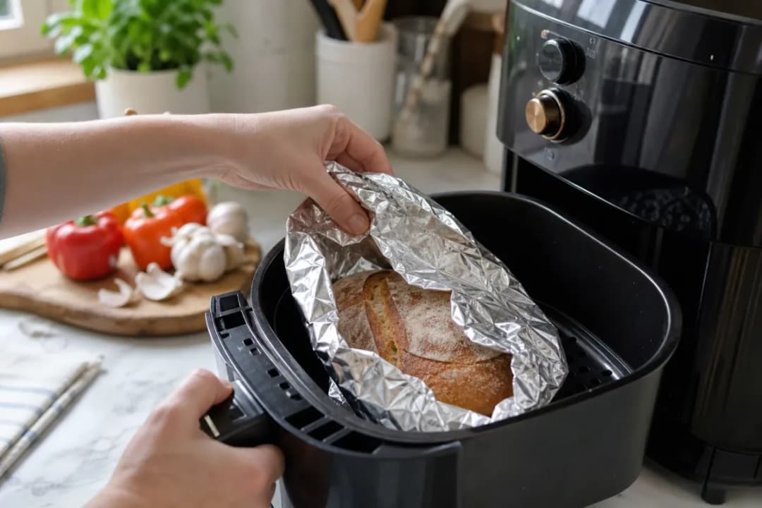 Editorial photo: Revive Stale Bread in 3 Minutes with an Air Fryer (quick fixes tip) — realistic home-kitchen scene with visible tools and ingredients in natura