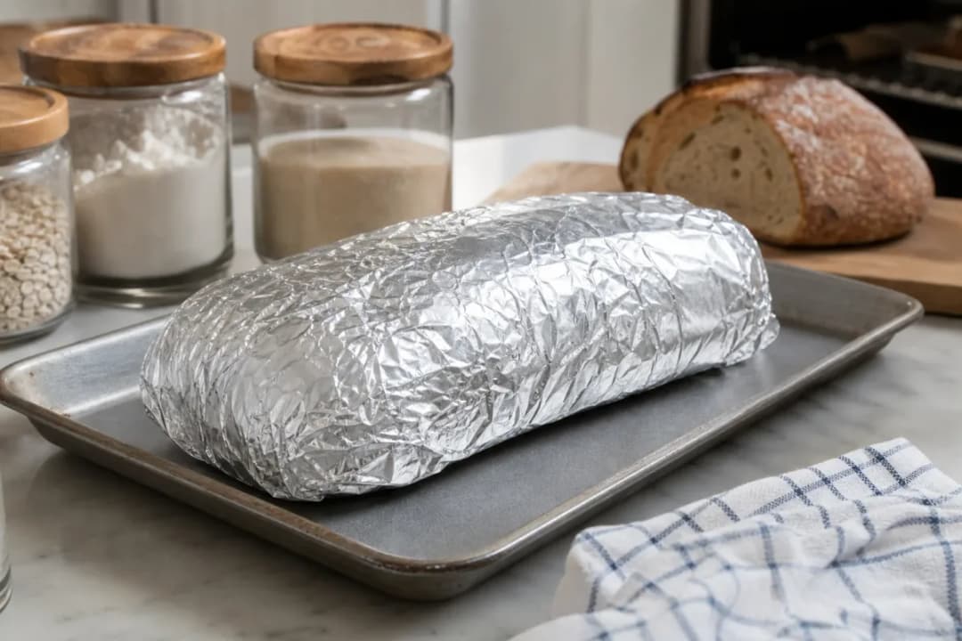Editorial photo: How to Revive Stale Bread in the Oven (pro techniques tip) — realistic home-kitchen scene with visible tools and ingredients in natural light