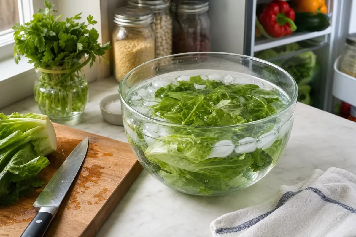 Editorial home-kitchen photo illustrating How to Revive Wilted Lettuce or Spinach in Ice Water (tips tricks tip), realistic tools and ingredients in natural lig