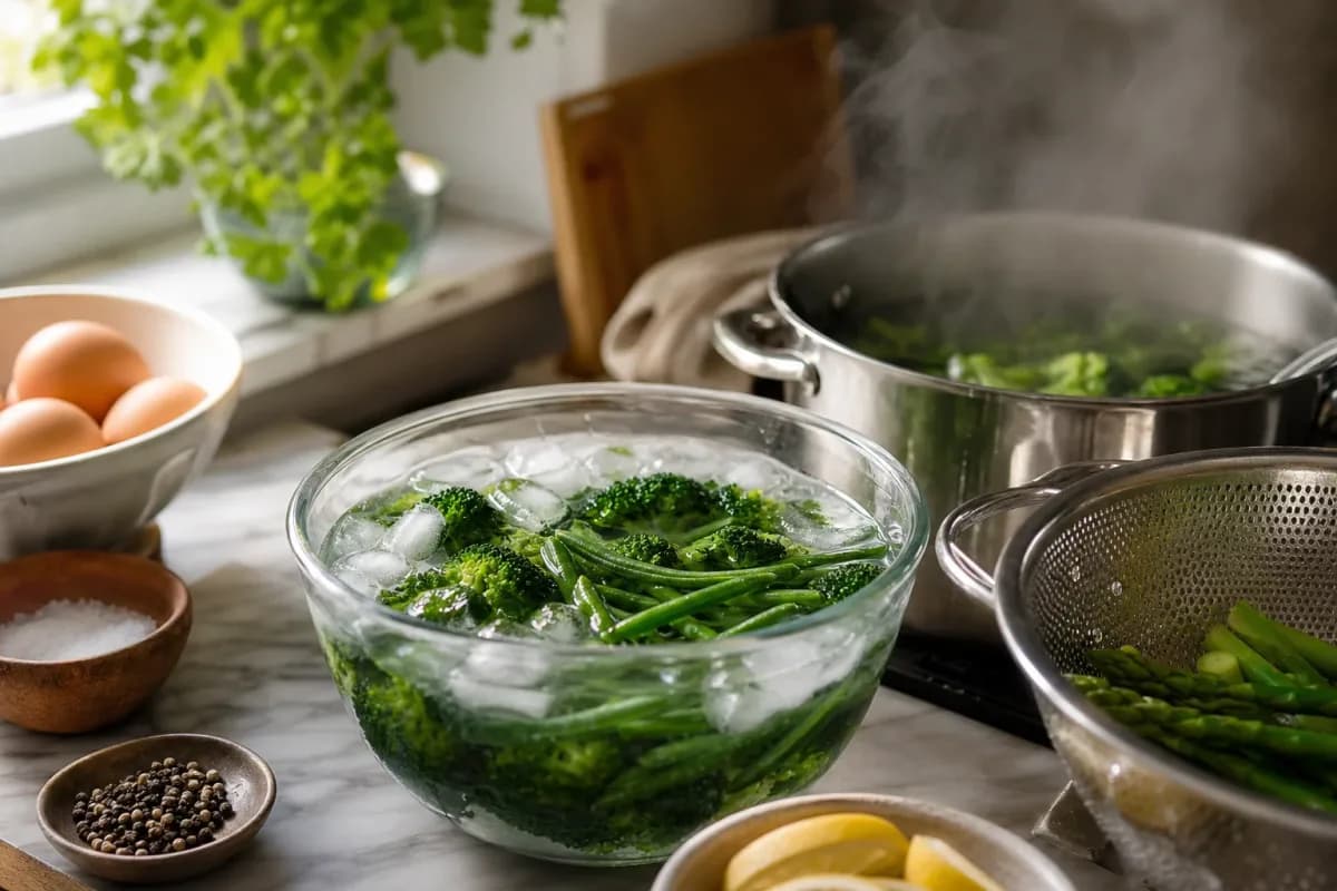 Editorial photo: How to Lock Vivid Green Colors in Vegetables (tips tricks tip) — realistic home-kitchen scene with visible tools and ingredients in natural lig