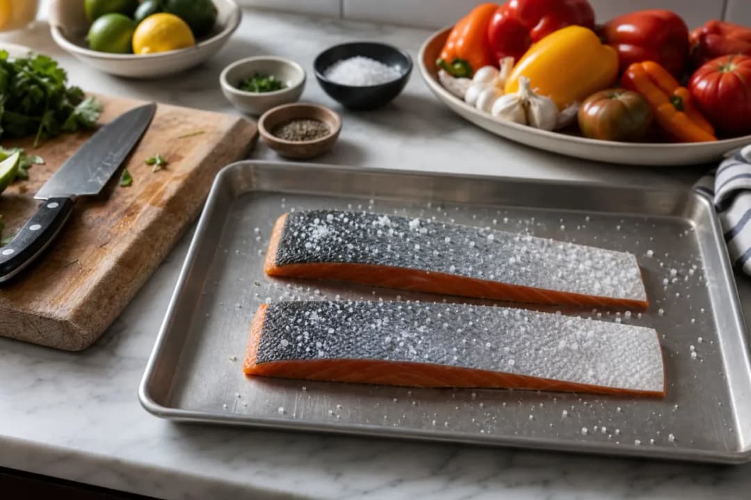 Editorial photo: The Stainless Steel Dry-Salting Trick for Salmon Skin (tips tricks tip) — realistic home-kitchen scene with visible tools and ingredients in na