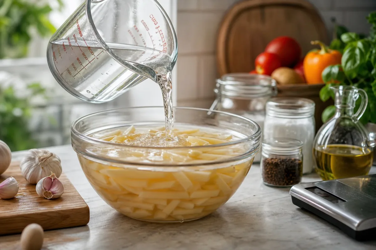 Editorial photo: Crispy French Fries: The Vinegar Submersion Method (tips tricks tip) — realistic home-kitchen scene with visible tools and ingredients in natur
