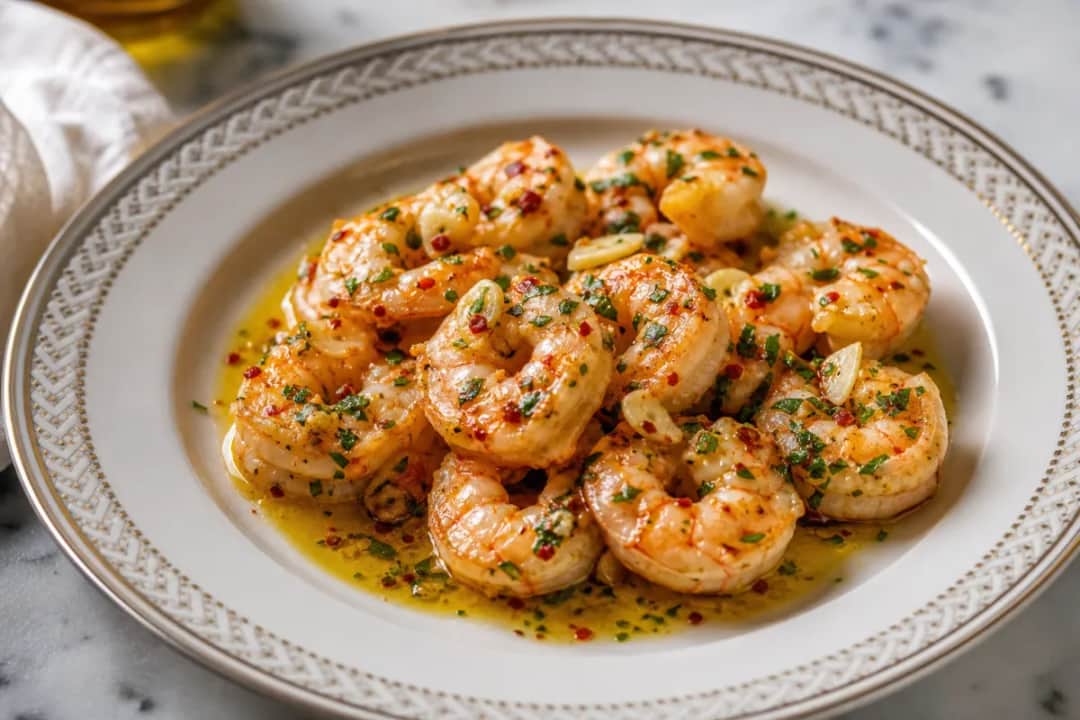 Plated gambas al ajillo with golden shrimp, garlic slices, and fresh parsley
