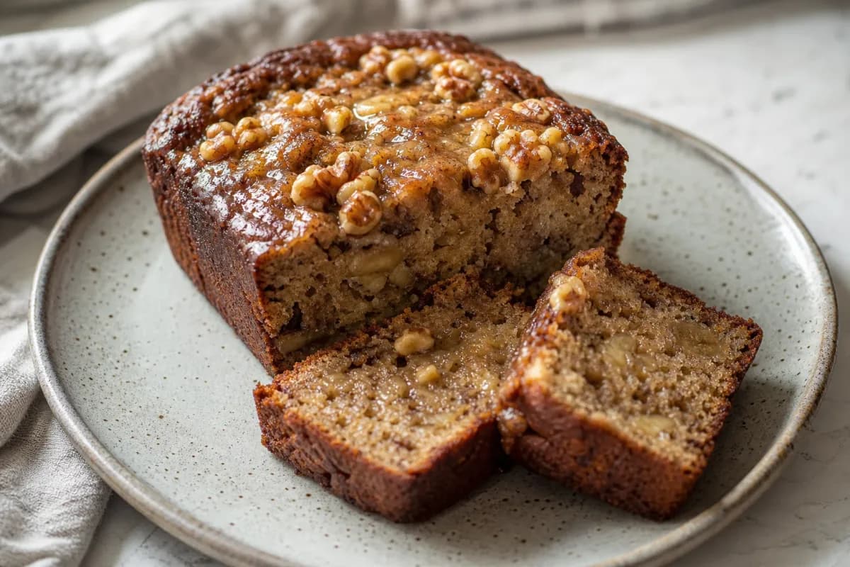 Plated banana bread with walnuts, golden crust, and cinnamon sprinkle on top.