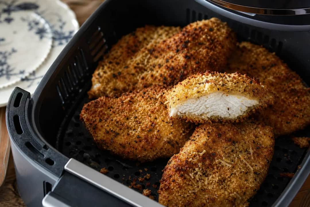Crispy chicken breasts topped with melted cheese and fresh herbs, plated with a side of marinara sauce.