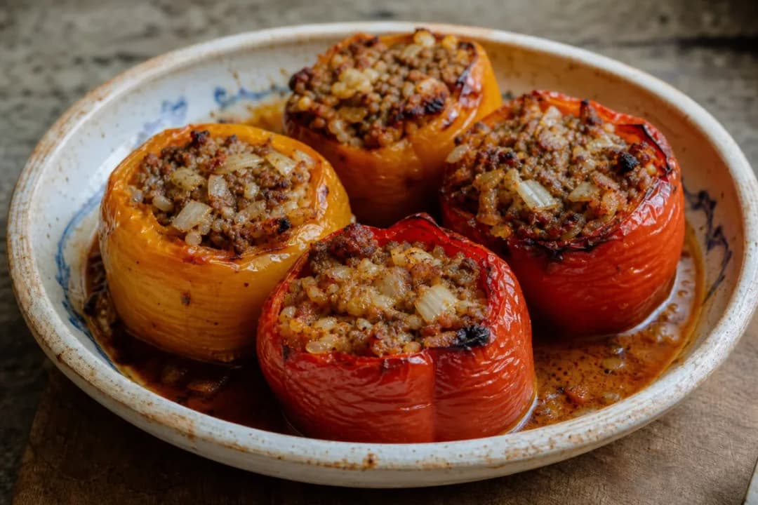 Albanian Speca të Mbushura with Beef and Rice Stuffing