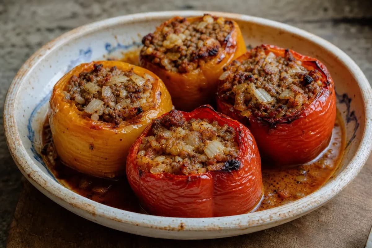 Albanian Speca të Mbushura with Beef and Rice Stuffing