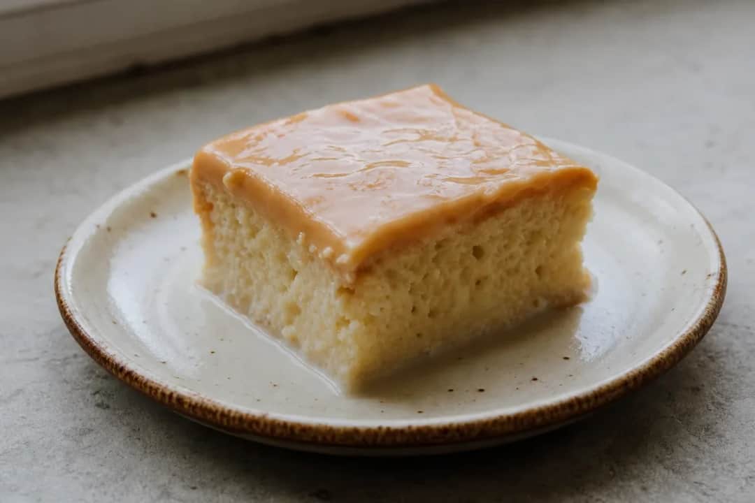 Layers of moist sponge cake soaked in milk and topped with caramel sauce, garnished with nuts.