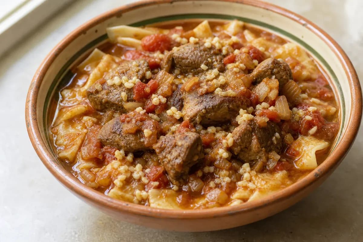 Layered chakhchoukha with lamb, spiced tomato sauce, and herbs garnished on a plate.