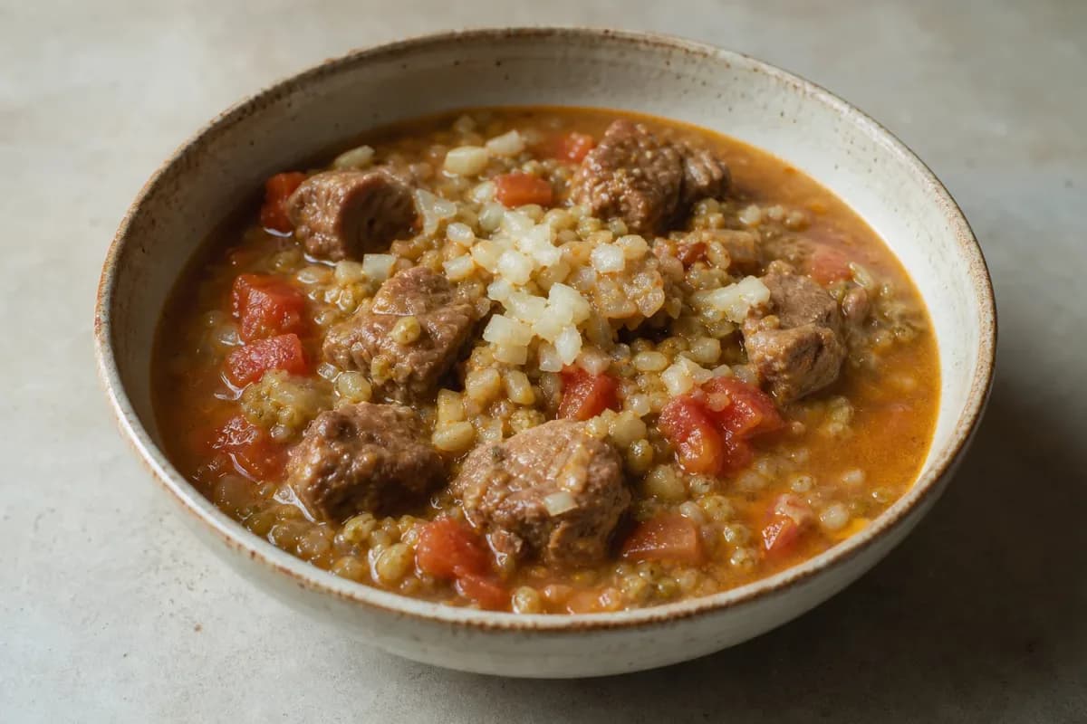 A hearty bowl of Chorba Frik featuring tender lamb, vibrant tomatoes, and green wheat, garnished with fresh herbs.