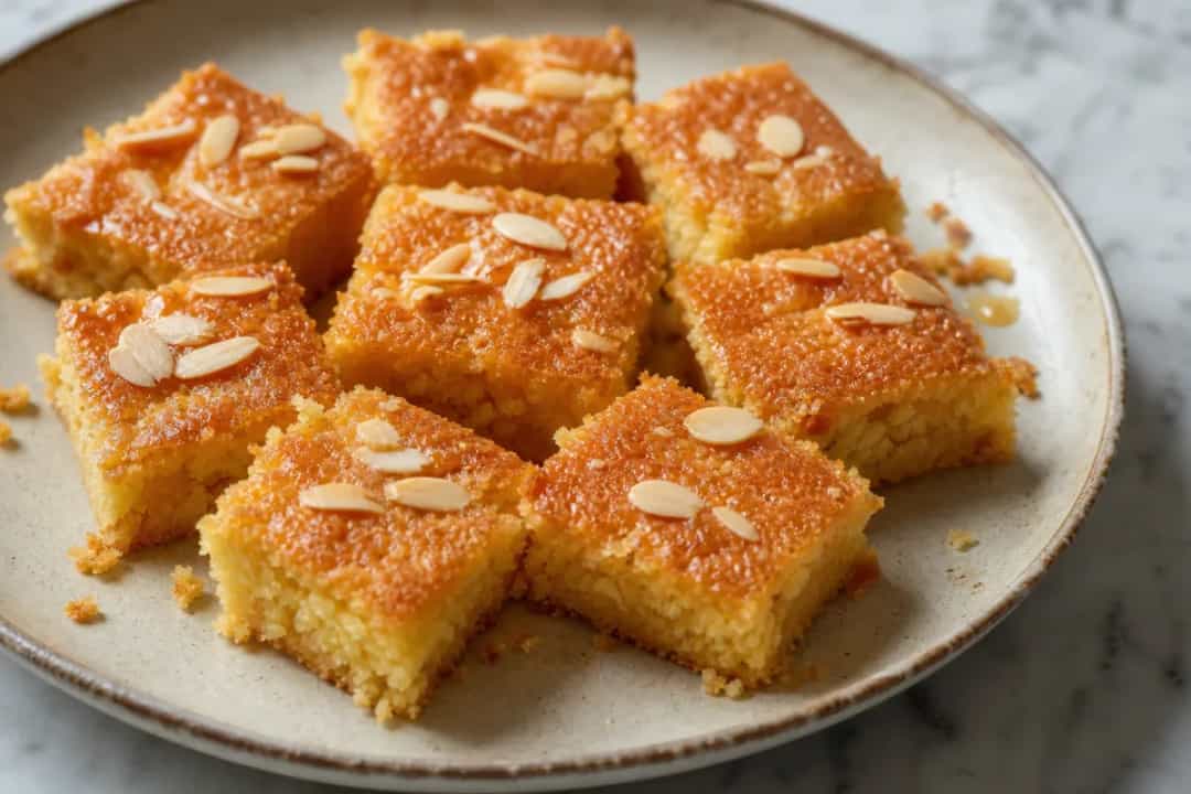 Golden semolina cake topped with slivered almonds and drizzled with syrup, served in a decorative plate.
