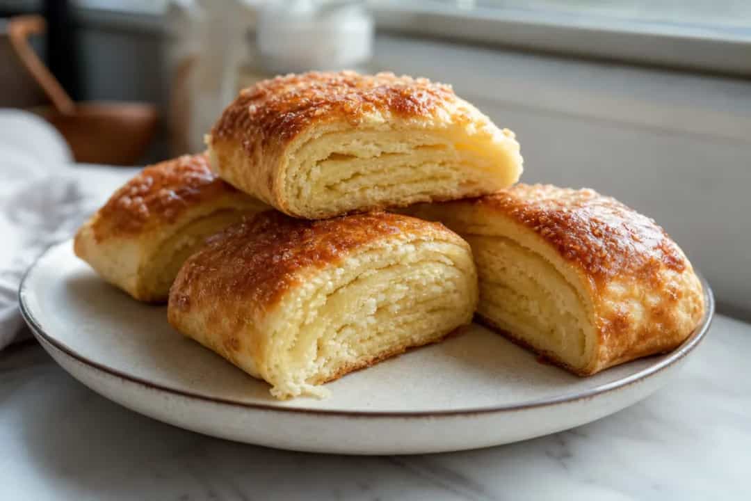 Golden-brown Armenian gata with visible buttery layers and a glossy top.