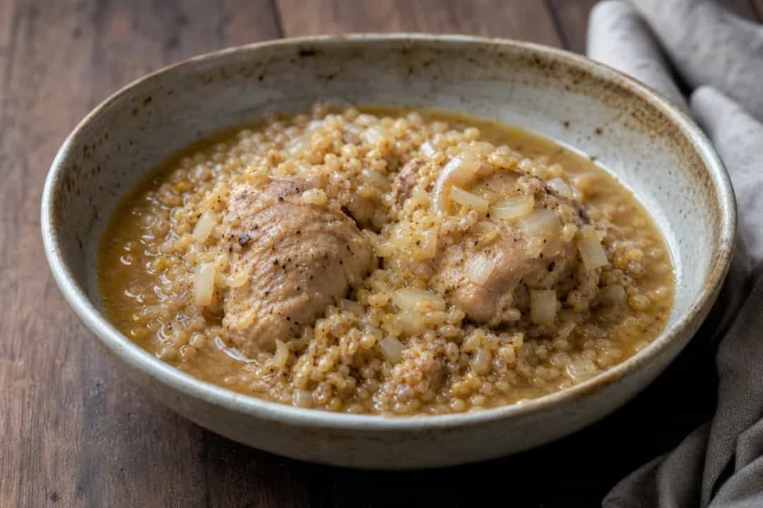 Creamy harissa with tender chicken, cracked wheat, and herbs, elegantly served in a bowl.