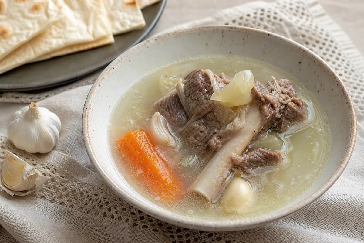 Armenian Khash Winter Soup with Garlic and Lavash