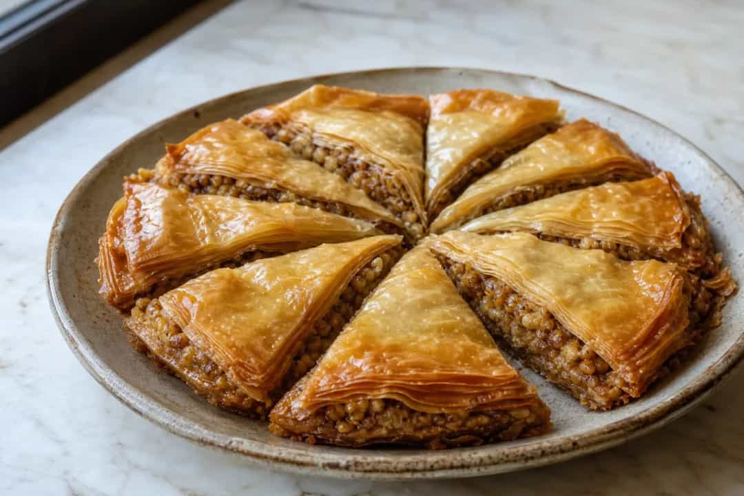 Golden layers of pakhlava with walnut filling, drizzled with honey, beautifully plated.