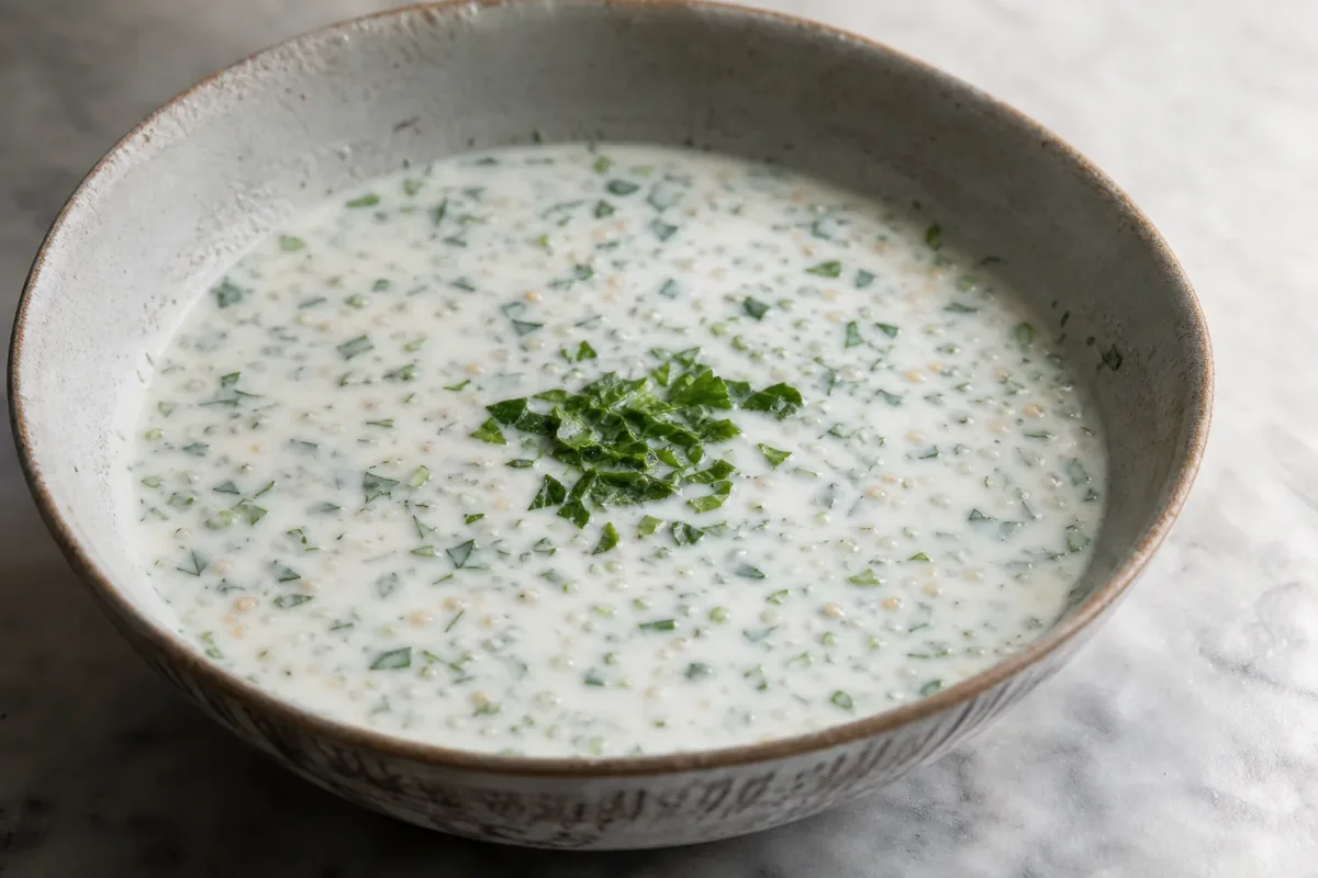 Creamy yogurt soup garnished with fresh herbs and wheat, served in a bowl.