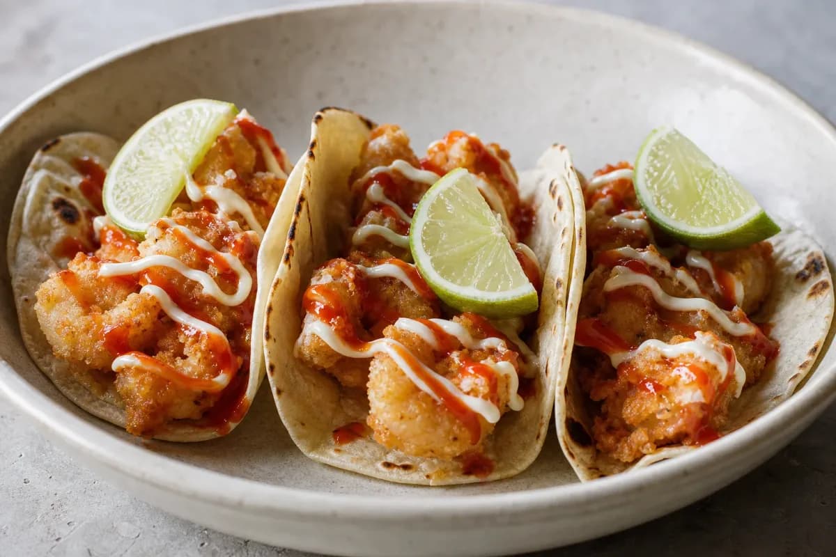Asian Fusion Bang Bang Shrimp Tacos with Lime Crema