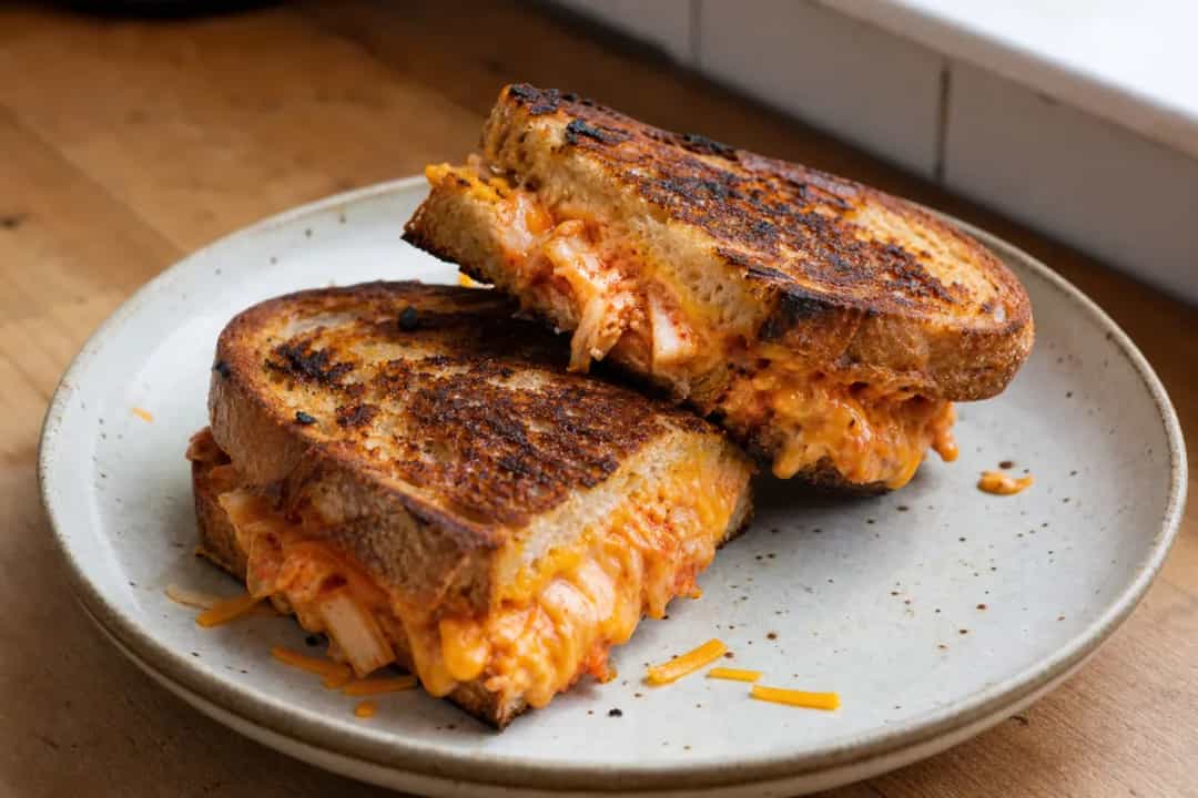 Golden grilled cheese sandwich with melted cheese, kimchi, and crispy edges, served with spicy mayo dip.