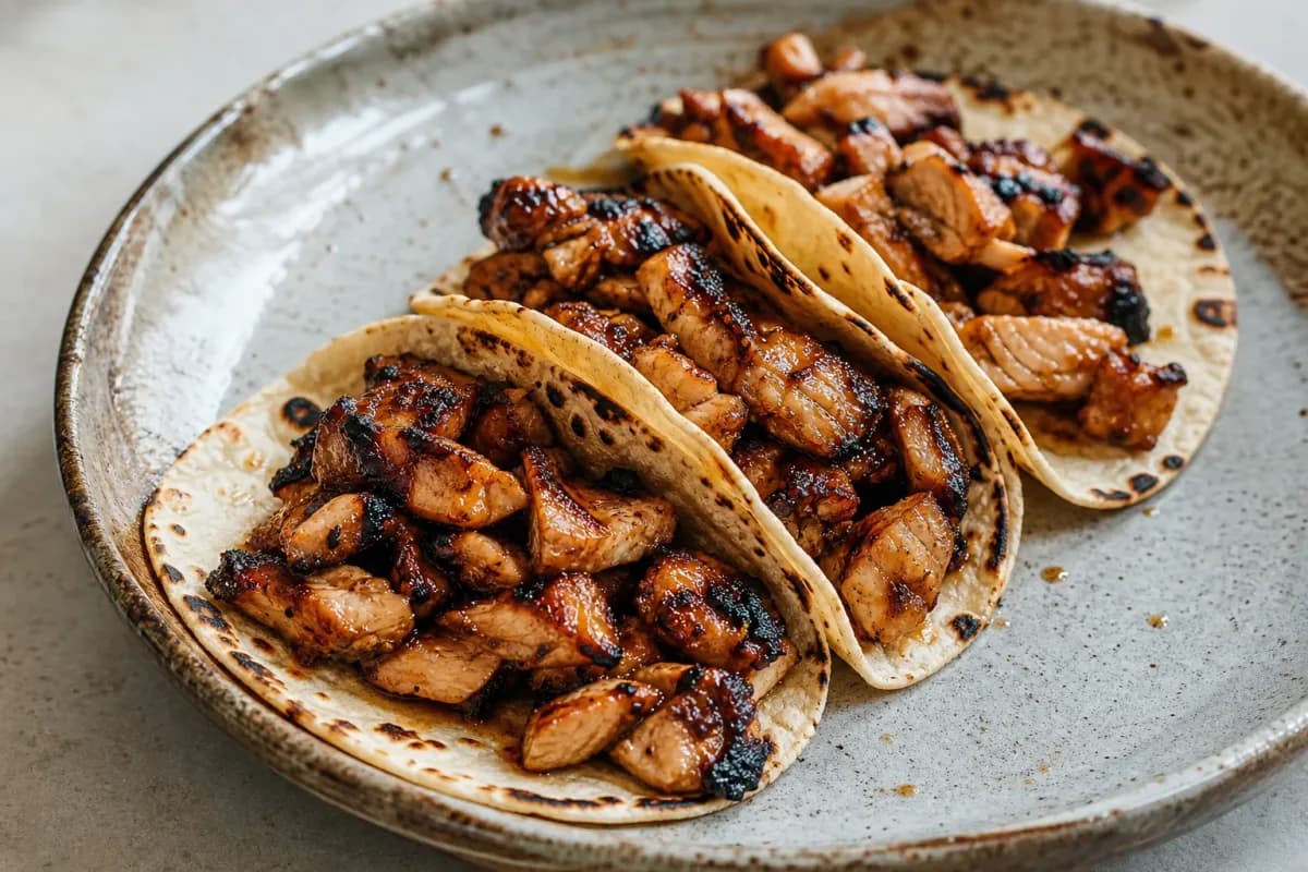 Plated Korean BBQ chicken tacos topped with vibrant spicy slaw and fresh cilantro, showcasing a colorful and flavorful meal.
