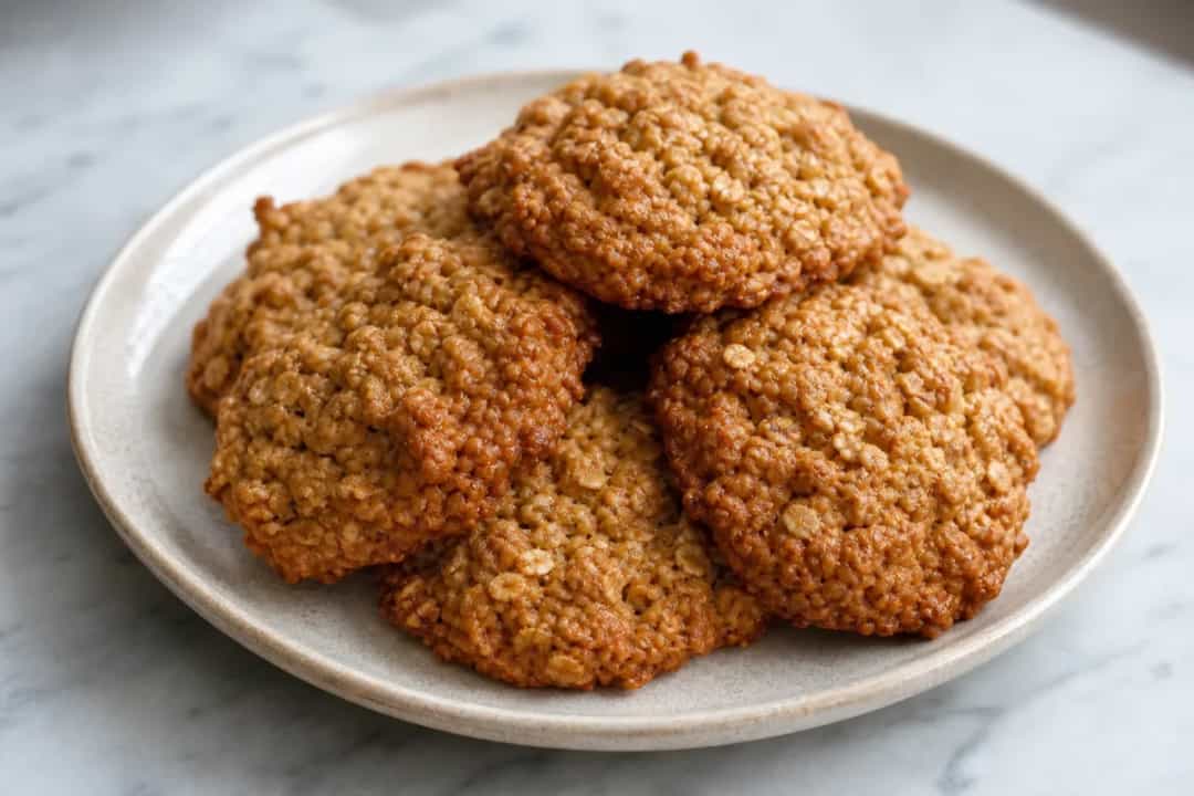 Chewy ANZAC biscuits with oats, golden syrup, and a golden-brown finish, arranged on a plate.