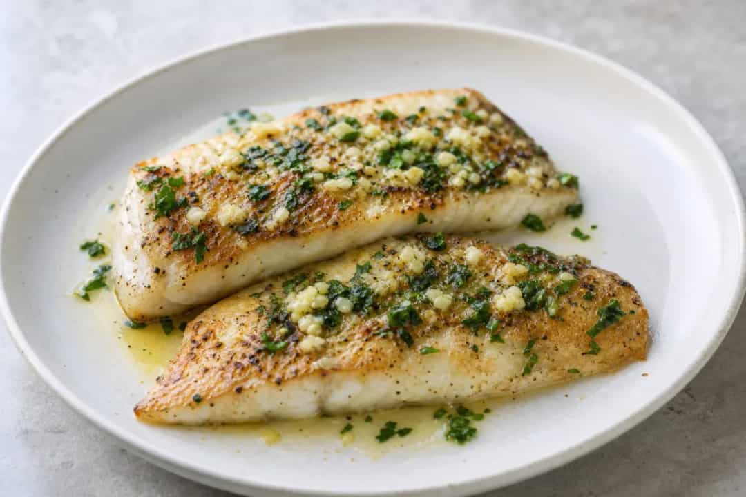 Pan-seared barramundi fillets topped with lemon butter and fresh herbs, plated beautifully.