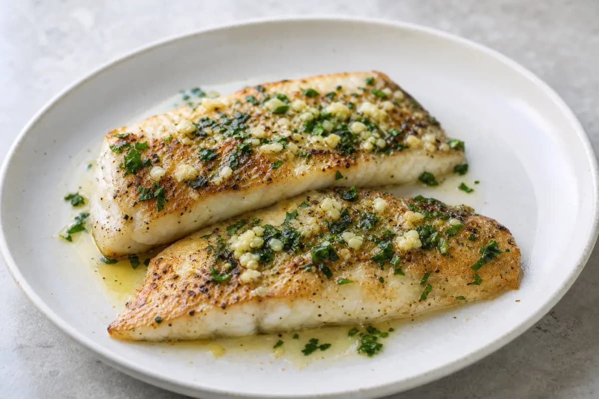 Pan-seared barramundi fillets topped with lemon butter and fresh herbs, plated beautifully.