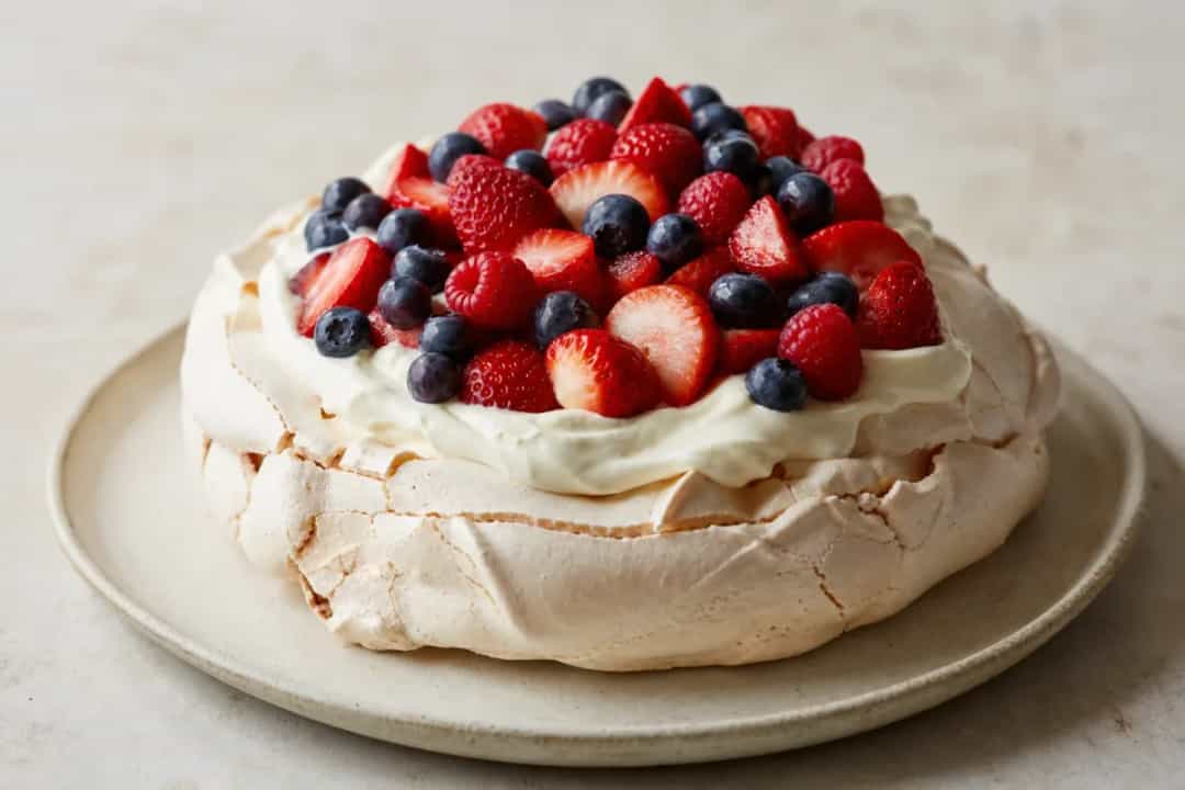 Light and airy pavlova topped with colorful fresh berries and passion fruit, elegantly plated.