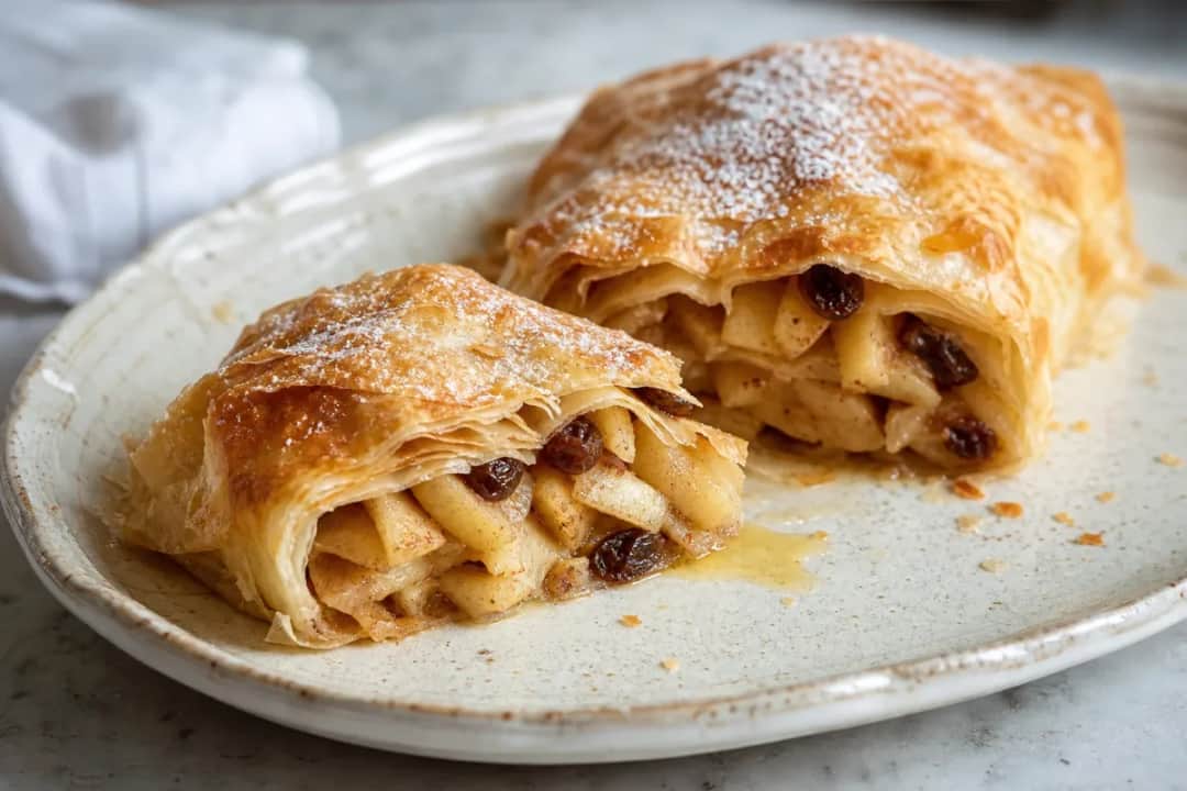 Golden-brown Austrian Apfelstrudel filled with cinnamon apples and raisins, garnished with powdered sugar.