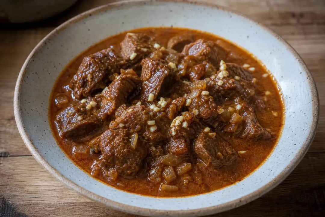 Thick, hearty beef goulash garnished with fresh herbs, served in a rustic bowl with a side of bread.