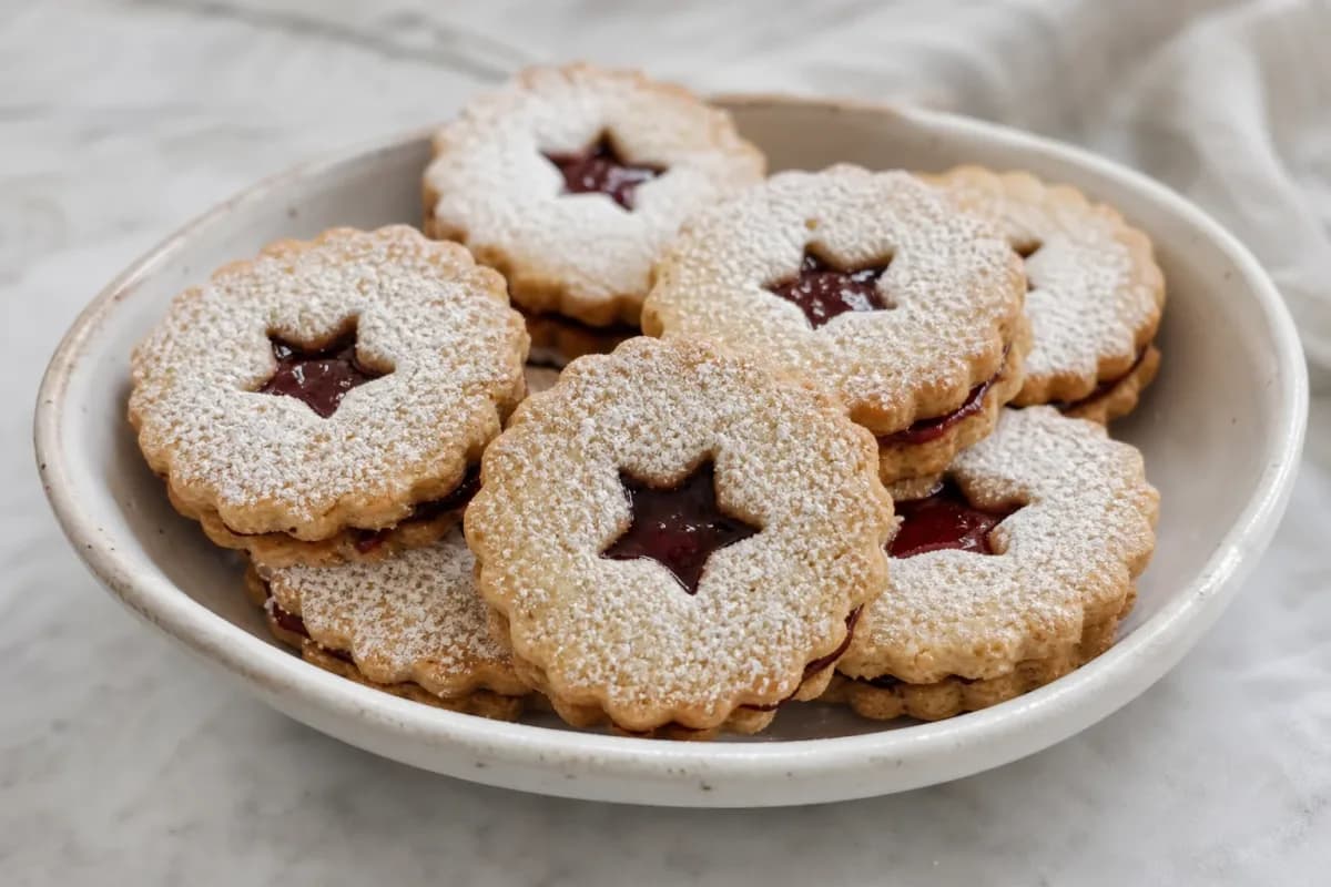 Two layered Linzer cookies filled with raspberry jam and dusted with powdered sugar, showcasing a delicate texture.