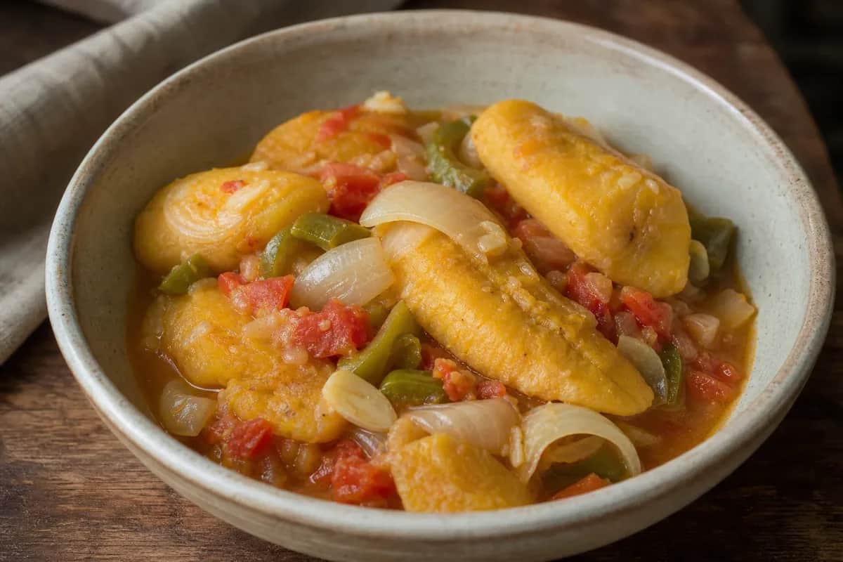 A bowl of matoke stew with tender plantains, diced tomatoes, and herbs garnished for an inviting presentation.
