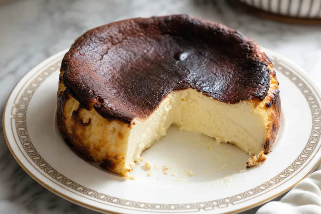 Creamy San Sebastian burnt cheesecake with a dark caramelized top on a white plate